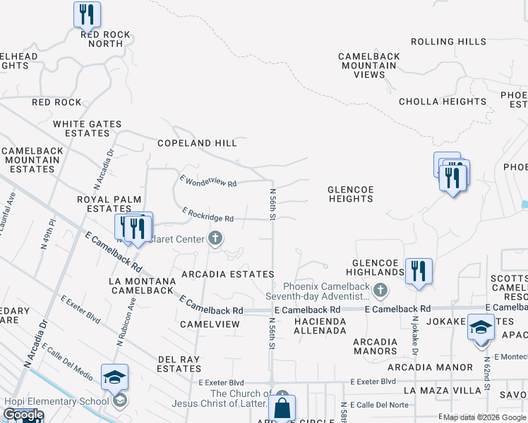 map of restaurants, bars, coffee shops, grocery stores, and more near 5518 East Rockridge Road in Phoenix
