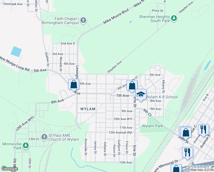 map of restaurants, bars, coffee shops, grocery stores, and more near 605 Indiana Street in Birmingham