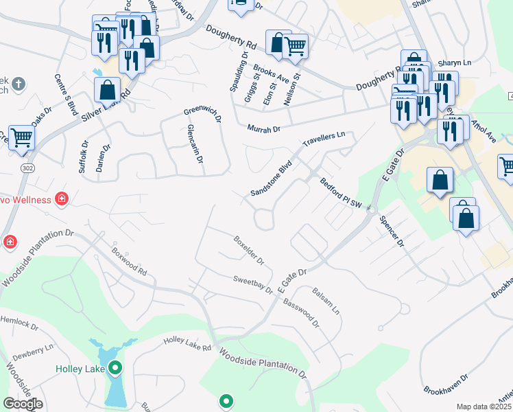 map of restaurants, bars, coffee shops, grocery stores, and more near 210 Spring Forest Circle in Aiken