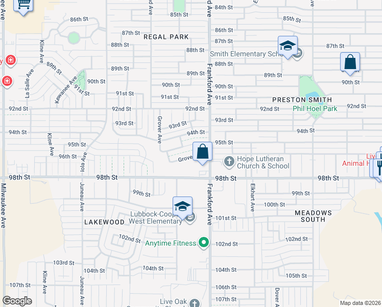 map of restaurants, bars, coffee shops, grocery stores, and more near 5814 96th Street in Lubbock