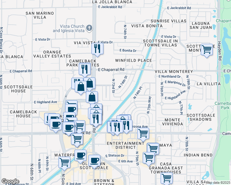 map of restaurants, bars, coffee shops, grocery stores, and more near 7311 East Paradise Drive in Scottsdale