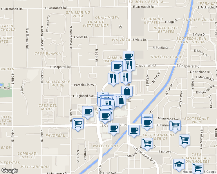 map of restaurants, bars, coffee shops, grocery stores, and more near 7137 East Rancho Vista Drive in Scottsdale