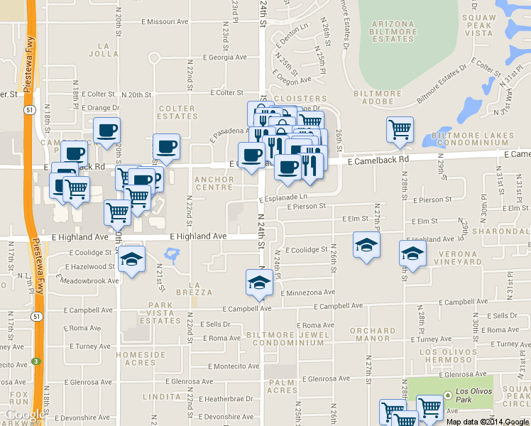 map of restaurants, bars, coffee shops, grocery stores, and more near 4742 North 24th Street in Phoenix