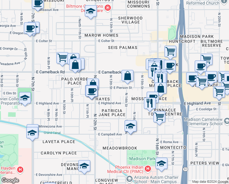 map of restaurants, bars, coffee shops, grocery stores, and more near 4764 North 14th Street in Phoenix