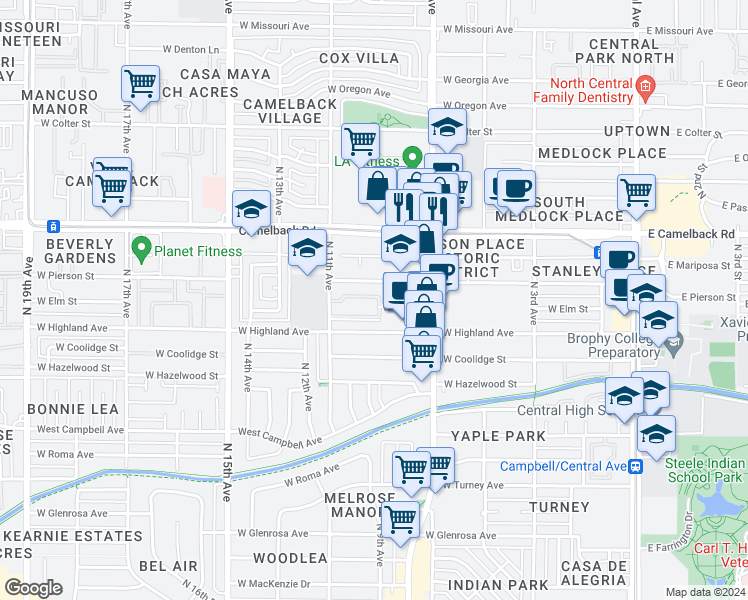 map of restaurants, bars, coffee shops, grocery stores, and more near 734 West Elm Street in Phoenix