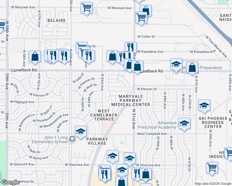 map of restaurants, bars, coffee shops, grocery stores, and more near 5201 West Camelback Road in Phoenix