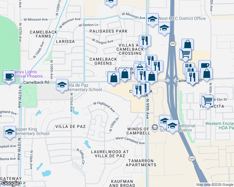 map of restaurants, bars, coffee shops, grocery stores, and more near 10042 West Mariposa Street in Phoenix