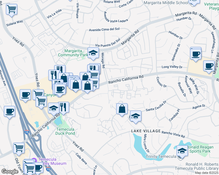 map of restaurants, bars, coffee shops, grocery stores, and more near 42410 Moraga Road in Temecula