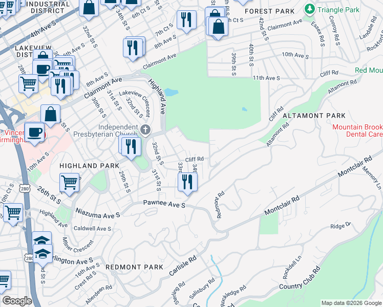 map of restaurants, bars, coffee shops, grocery stores, and more near 3300 Cliff Road in Birmingham