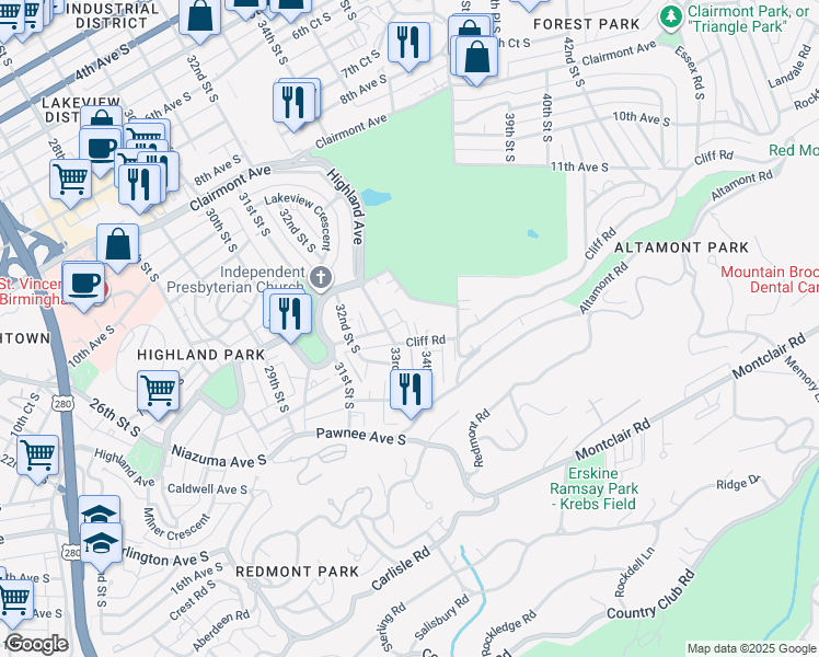 map of restaurants, bars, coffee shops, grocery stores, and more near 3300 Cliff Road in Birmingham