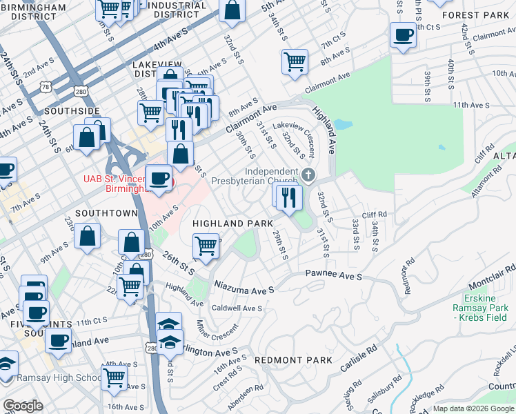 map of restaurants, bars, coffee shops, grocery stores, and more near in Birmingham