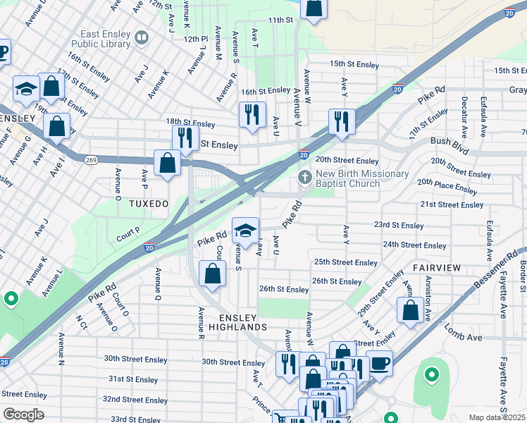 map of restaurants, bars, coffee shops, grocery stores, and more near 2003 22nd Street Ensley in Birmingham