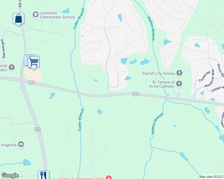 map of restaurants, bars, coffee shops, grocery stores, and more near 102 Hunting Tower Drive in Grovetown