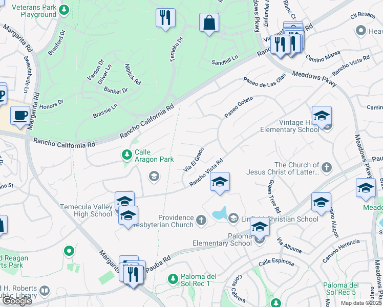 map of restaurants, bars, coffee shops, grocery stores, and more near 31460 Corte Mallorca in Temecula