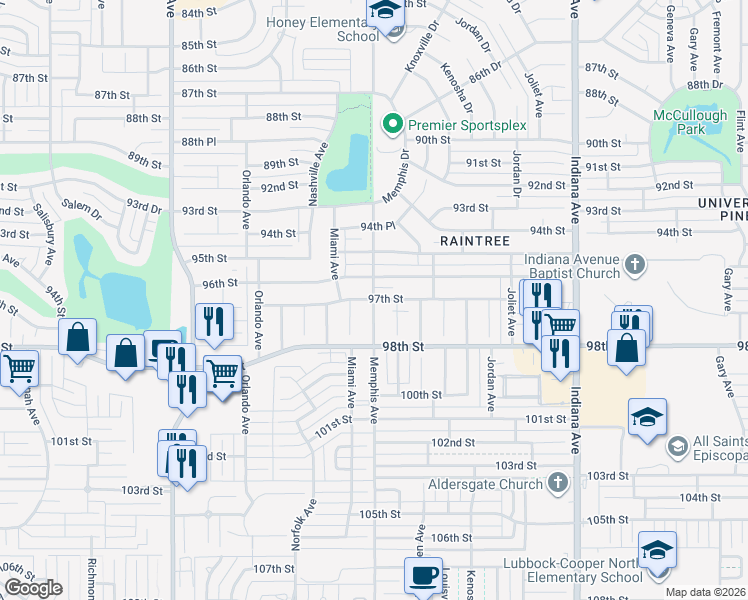 map of restaurants, bars, coffee shops, grocery stores, and more near 9701 Memphis Avenue in Lubbock