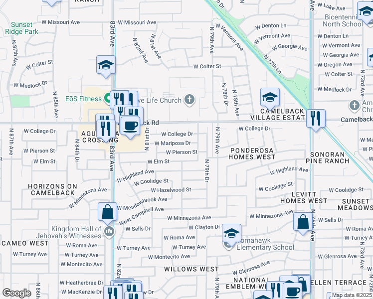 map of restaurants, bars, coffee shops, grocery stores, and more near 8008 West Pierson Street in Phoenix