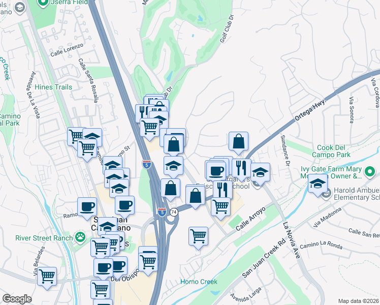 map of restaurants, bars, coffee shops, grocery stores, and more near 27281 Calle De La Rosa in San Juan Capistrano