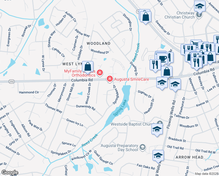 map of restaurants, bars, coffee shops, grocery stores, and more near 109 Springlakes Circle in Martinez