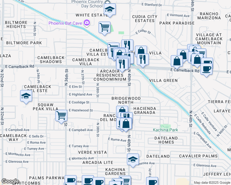 map of restaurants, bars, coffee shops, grocery stores, and more near 3902 East Highland Avenue in Phoenix