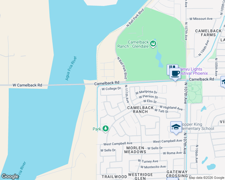 map of restaurants, bars, coffee shops, grocery stores, and more near 11203 West College Drive in Phoenix