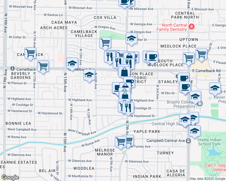map of restaurants, bars, coffee shops, grocery stores, and more near 734 West Elm Street in Phoenix