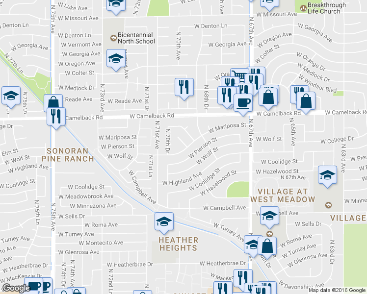 map of restaurants, bars, coffee shops, grocery stores, and more near 7002 West Mariposa Drive in Phoenix