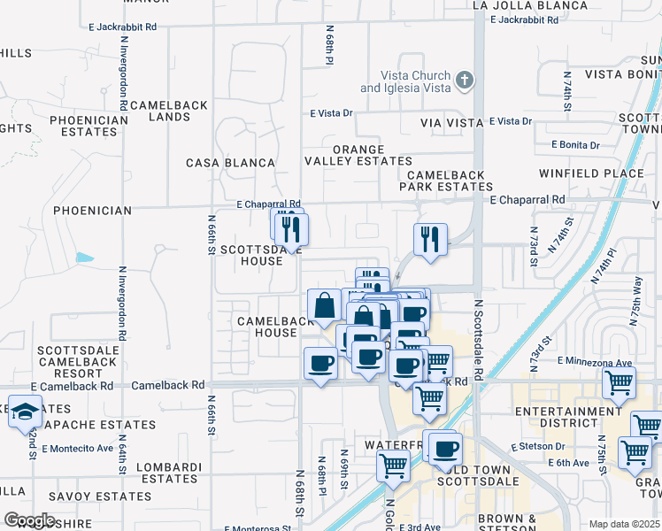 map of restaurants, bars, coffee shops, grocery stores, and more near 6829 East Paradise Parkway in Scottsdale