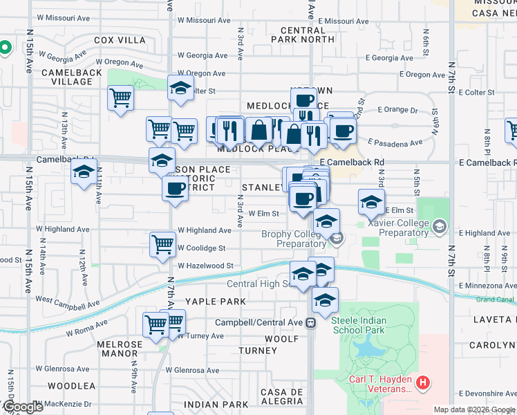 map of restaurants, bars, coffee shops, grocery stores, and more near 144 West Elm Street in Phoenix