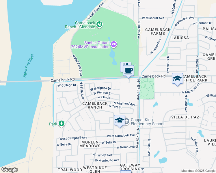 map of restaurants, bars, coffee shops, grocery stores, and more near 10920 West Mariposa Drive in Phoenix