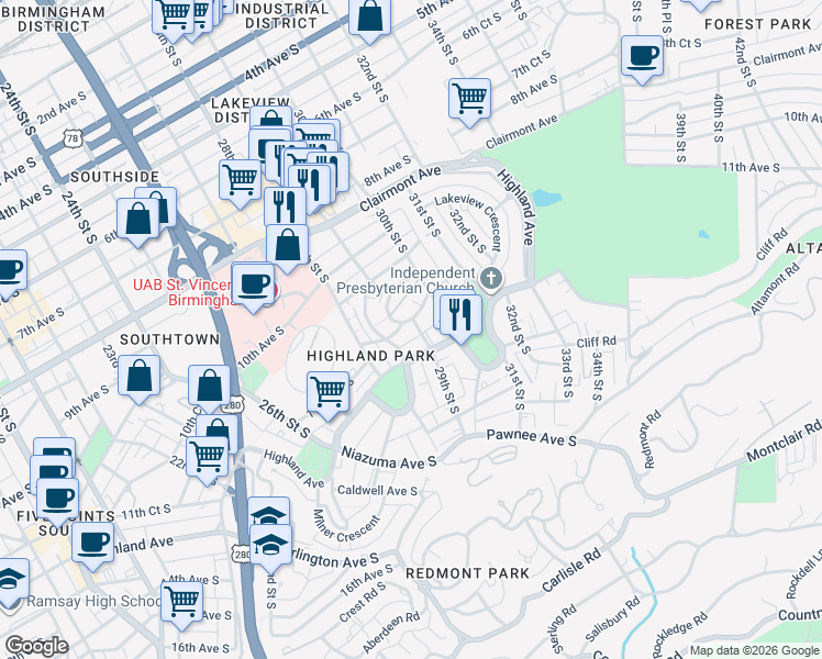 map of restaurants, bars, coffee shops, grocery stores, and more near in Birmingham
