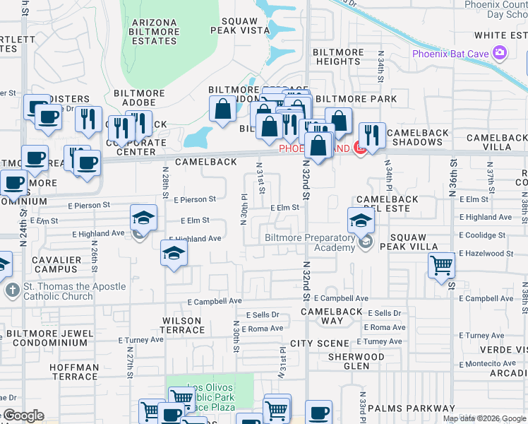 map of restaurants, bars, coffee shops, grocery stores, and more near 3041 East Elm Street in Phoenix
