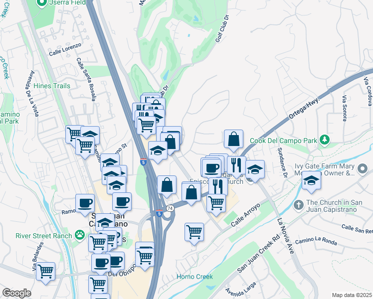 map of restaurants, bars, coffee shops, grocery stores, and more near 27281 Calle De La Rosa in San Juan Capistrano