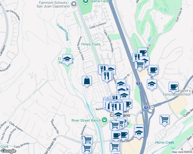 map of restaurants, bars, coffee shops, grocery stores, and more near 31377 Los Rios Street in San Juan Capistrano
