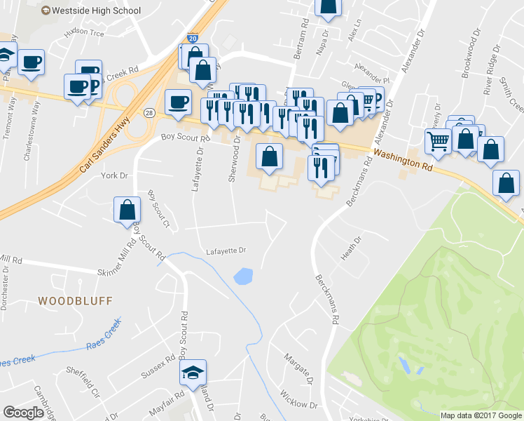 map of restaurants, bars, coffee shops, grocery stores, and more near 2949 Pointewest Drive in Augusta