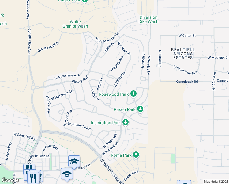 map of restaurants, bars, coffee shops, grocery stores, and more near 4923 North 205th Glen in Buckeye