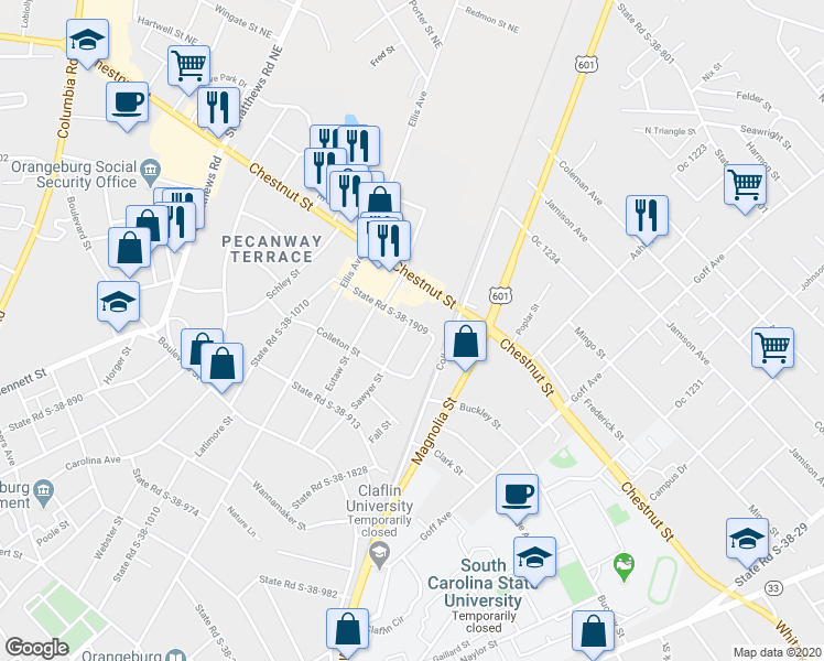 map of restaurants, bars, coffee shops, grocery stores, and more near 1292 Sawyer Street in Orangeburg