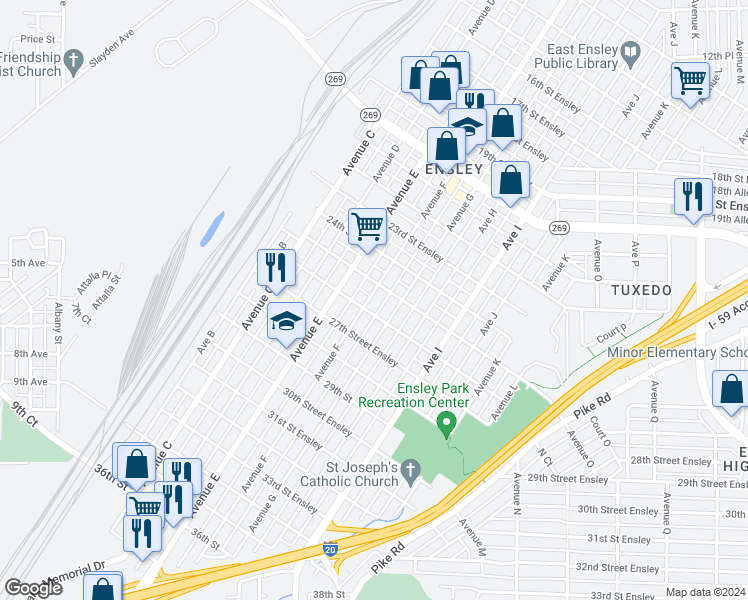 map of restaurants, bars, coffee shops, grocery stores, and more near 2515 Avenue F in Birmingham