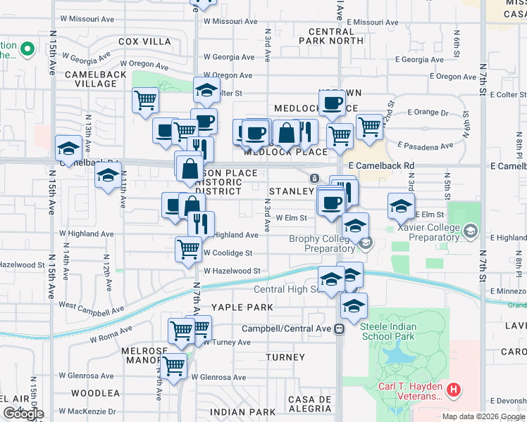 map of restaurants, bars, coffee shops, grocery stores, and more near 4722 North 3rd Avenue in Phoenix