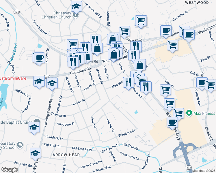 map of restaurants, bars, coffee shops, grocery stores, and more near 3927 Marsella Avenue in Augusta