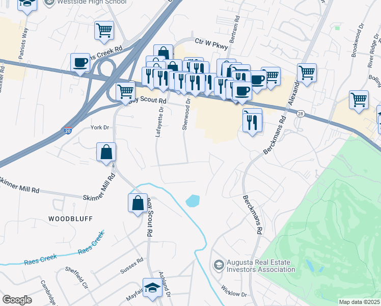 map of restaurants, bars, coffee shops, grocery stores, and more near 234 Sherwood Drive in Augusta