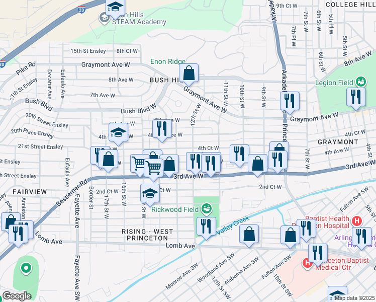 map of restaurants, bars, coffee shops, grocery stores, and more near 1205 4th Court West in Birmingham
