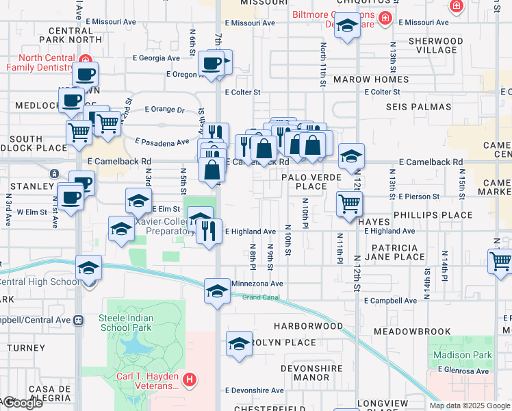 map of restaurants, bars, coffee shops, grocery stores, and more near 909 East Camelback Road in Phoenix
