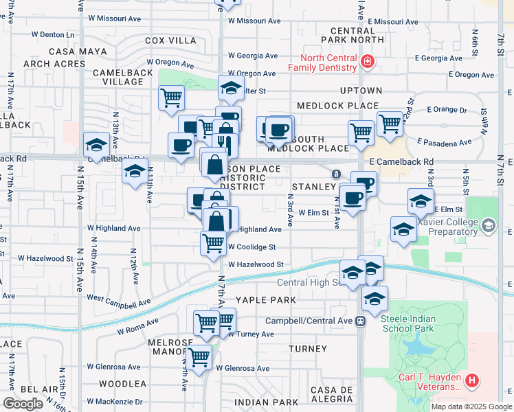 map of restaurants, bars, coffee shops, grocery stores, and more near 385 West Pierson Street in Phoenix
