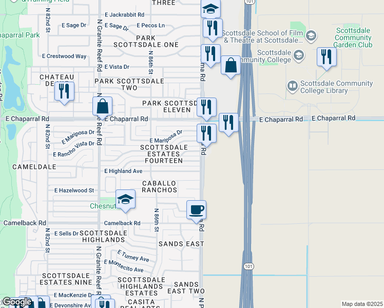 map of restaurants, bars, coffee shops, grocery stores, and more near 8733 East Thornwood Drive in Scottsdale