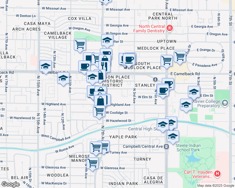 map of restaurants, bars, coffee shops, grocery stores, and more near 385 West Pierson Street in Phoenix