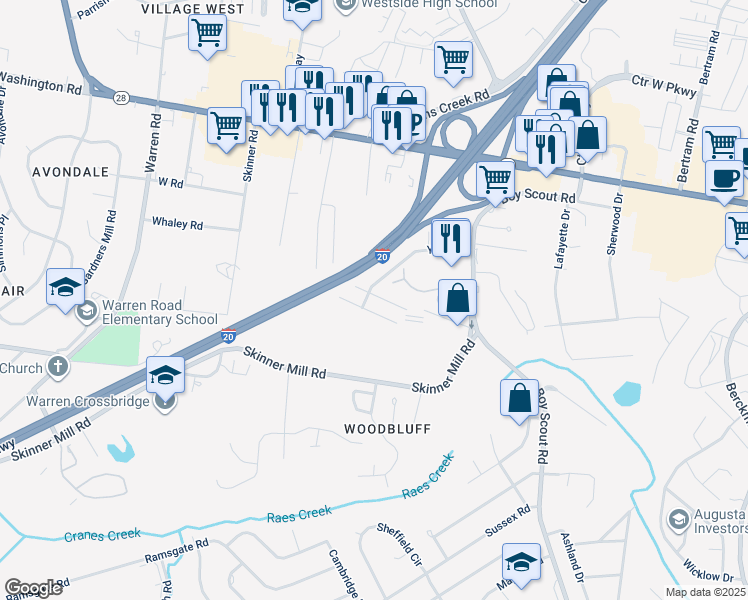 map of restaurants, bars, coffee shops, grocery stores, and more near 103 York Way in Augusta