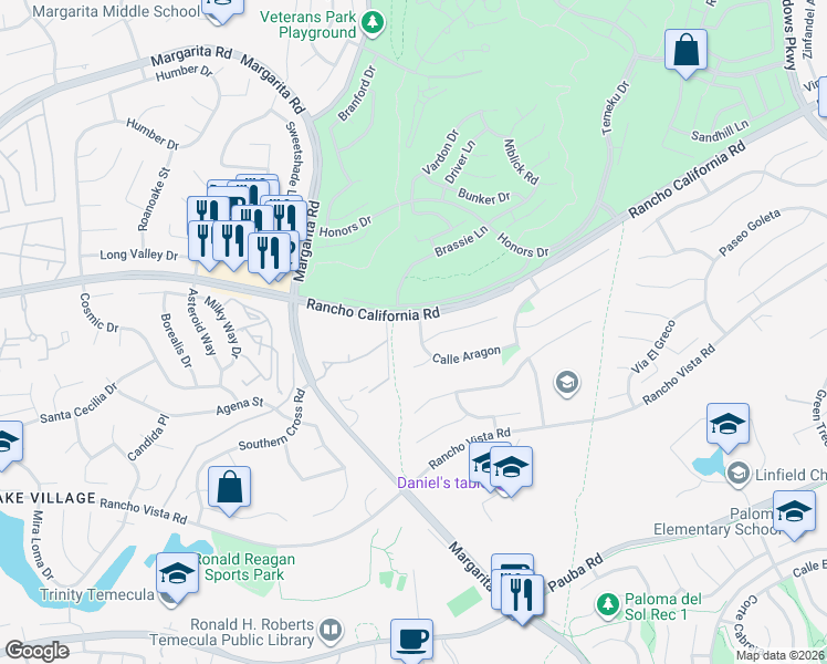 map of restaurants, bars, coffee shops, grocery stores, and more near 31015 Calle Aragon in Temecula