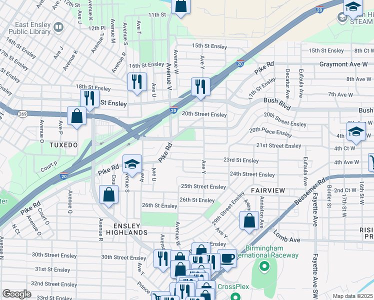 map of restaurants, bars, coffee shops, grocery stores, and more near 2333 22nd Street Ensley in Birmingham