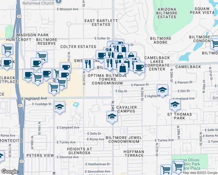 map of restaurants, bars, coffee shops, grocery stores, and more near 4742 North 24th Street in Phoenix
