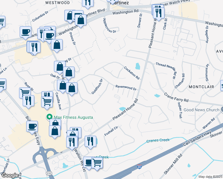 map of restaurants, bars, coffee shops, grocery stores, and more near 31 Londonberry Lane in Augusta